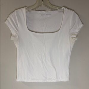 Pink Rose White Square Neck Short Sleeve Tee